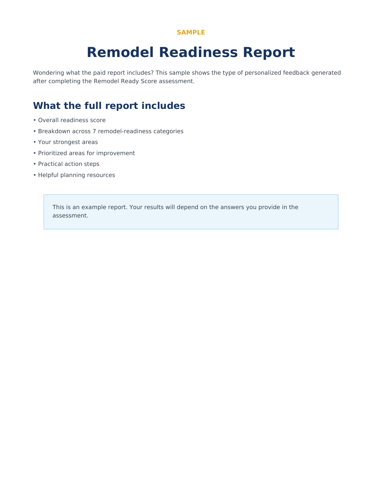 Sample Remodel Readiness Report, page 1 of 4